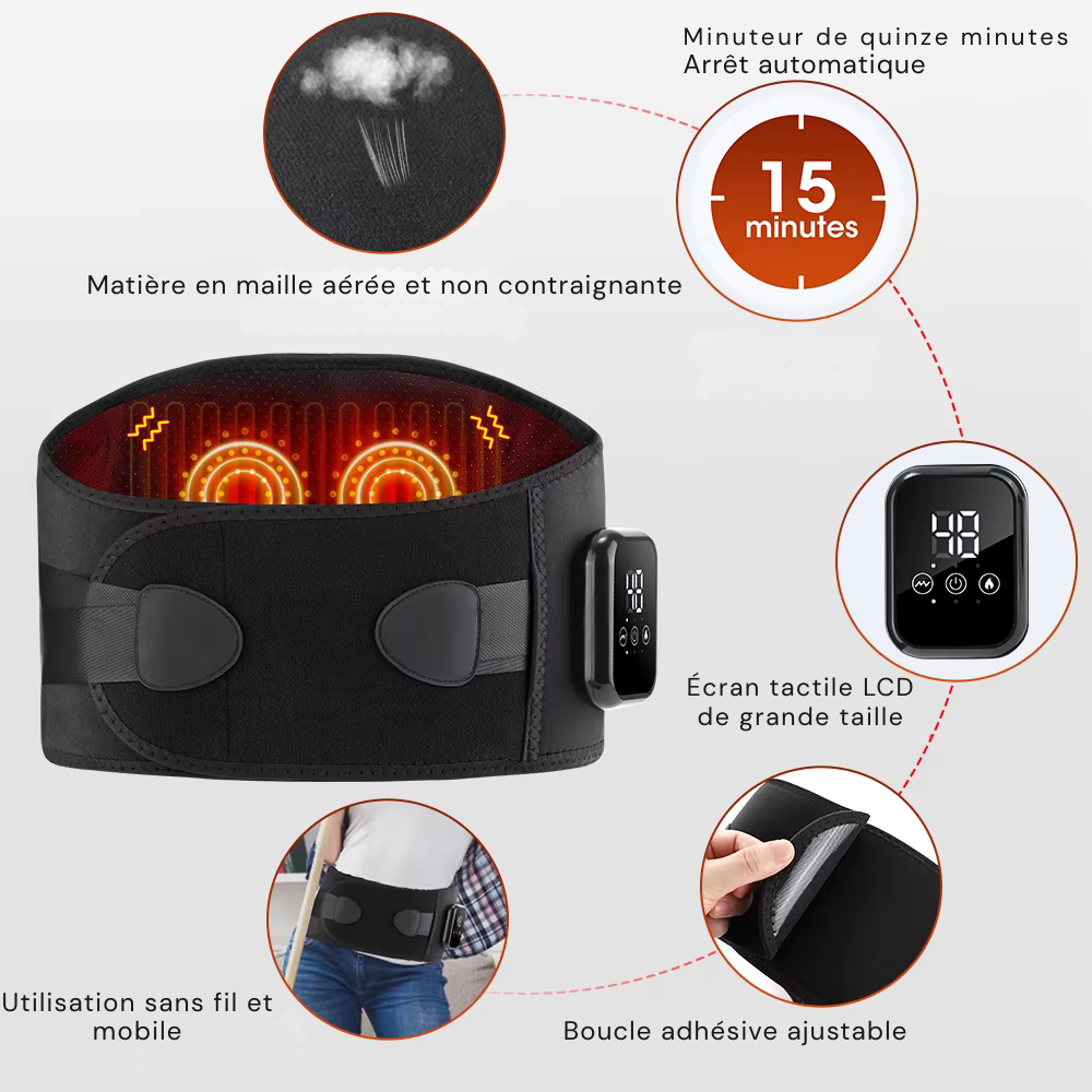 Ceinture chauffante lombaire – Ceinture de massage pour le dos avec 3 niveaux de chaleur et vibration, soutien lombaire et soulagement menstruel