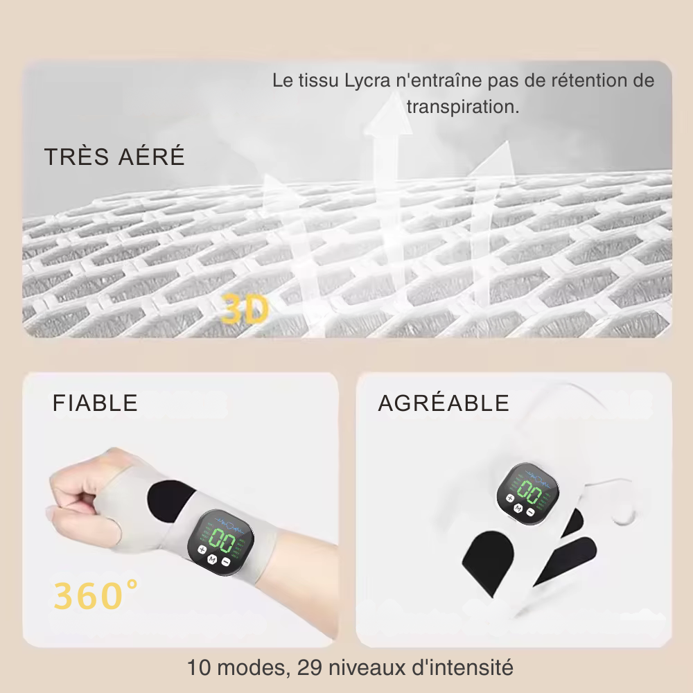Masseur électrique main et poignet sans fil – 10 modes de vibration, 29 niveaux d’intensité
