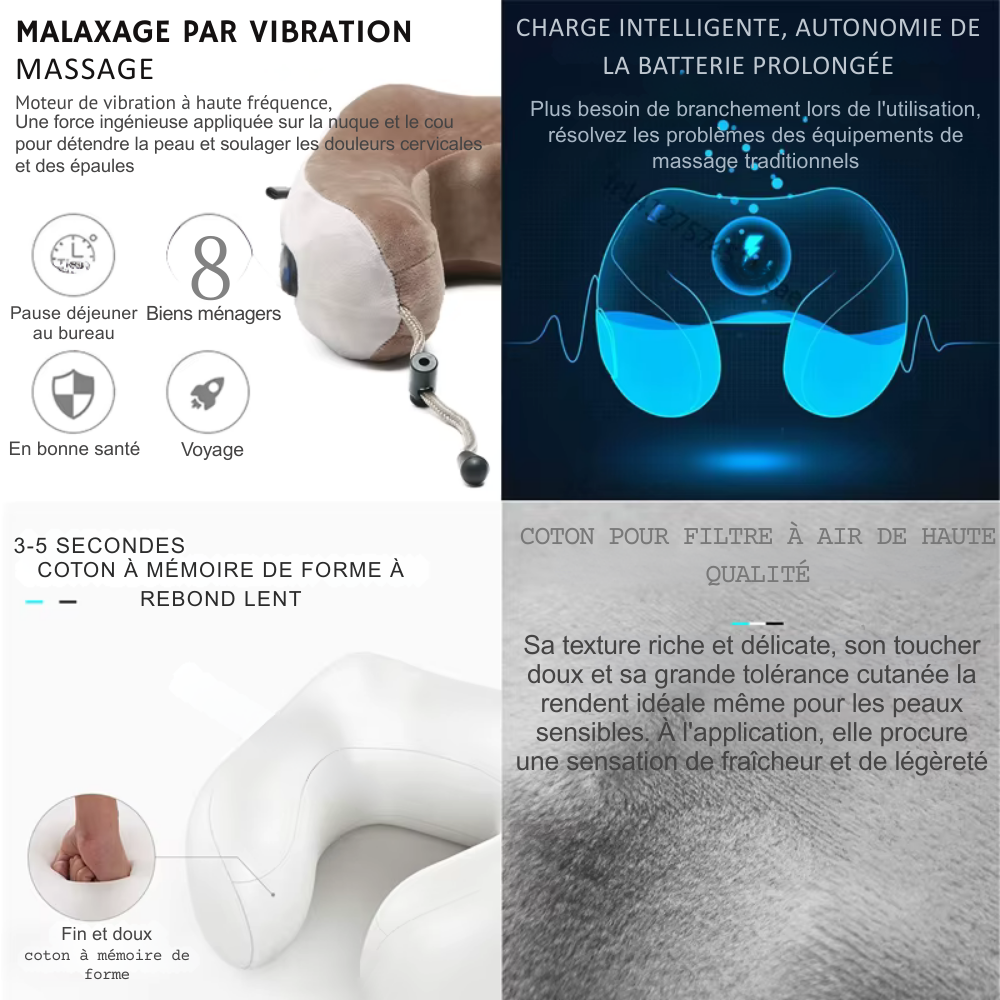 Coussin massant cervicales – Oreiller électrique en U pour cou et épaules, portable pour maison, voiture et extérieur
