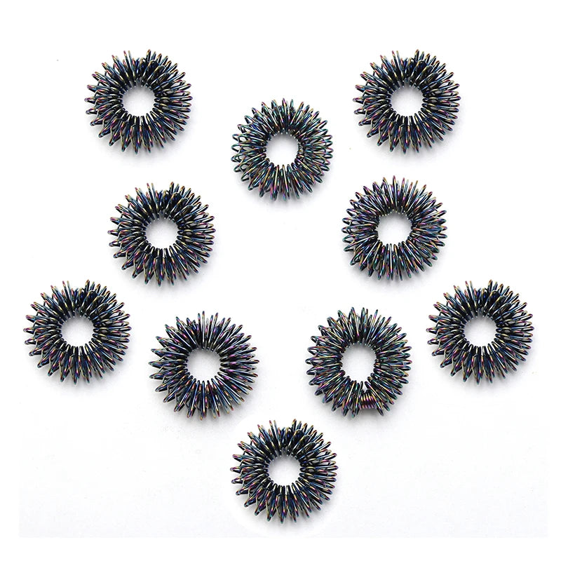 Bague d’acupression – Lot de 5 anneaux noirs et dorés pour massage des doigts, thérapie et relaxation des mains