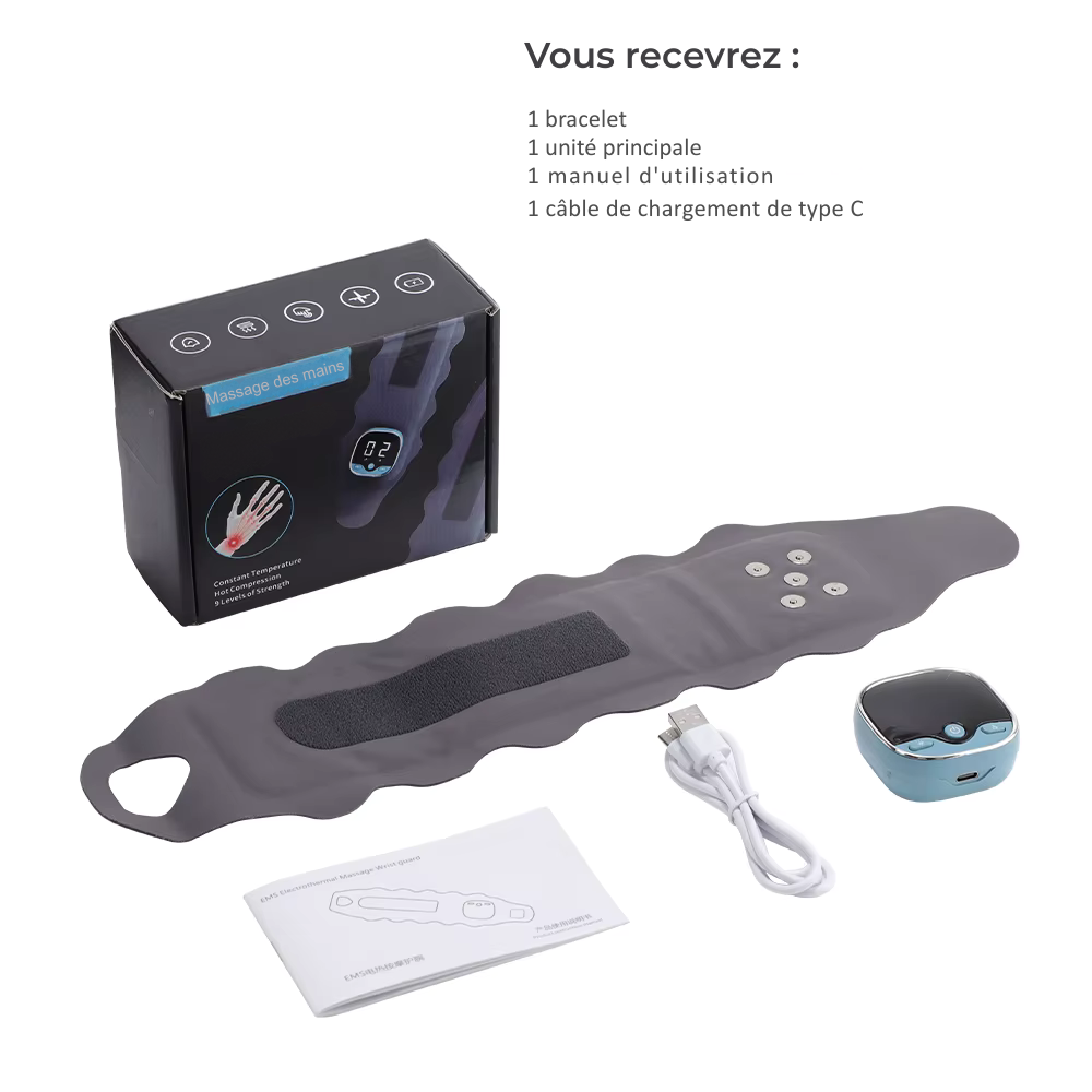 Bracelet chauffant sans fil pour poignet – Soulagement du canal carpien et de la fatigue musculaire, EMS microcourant