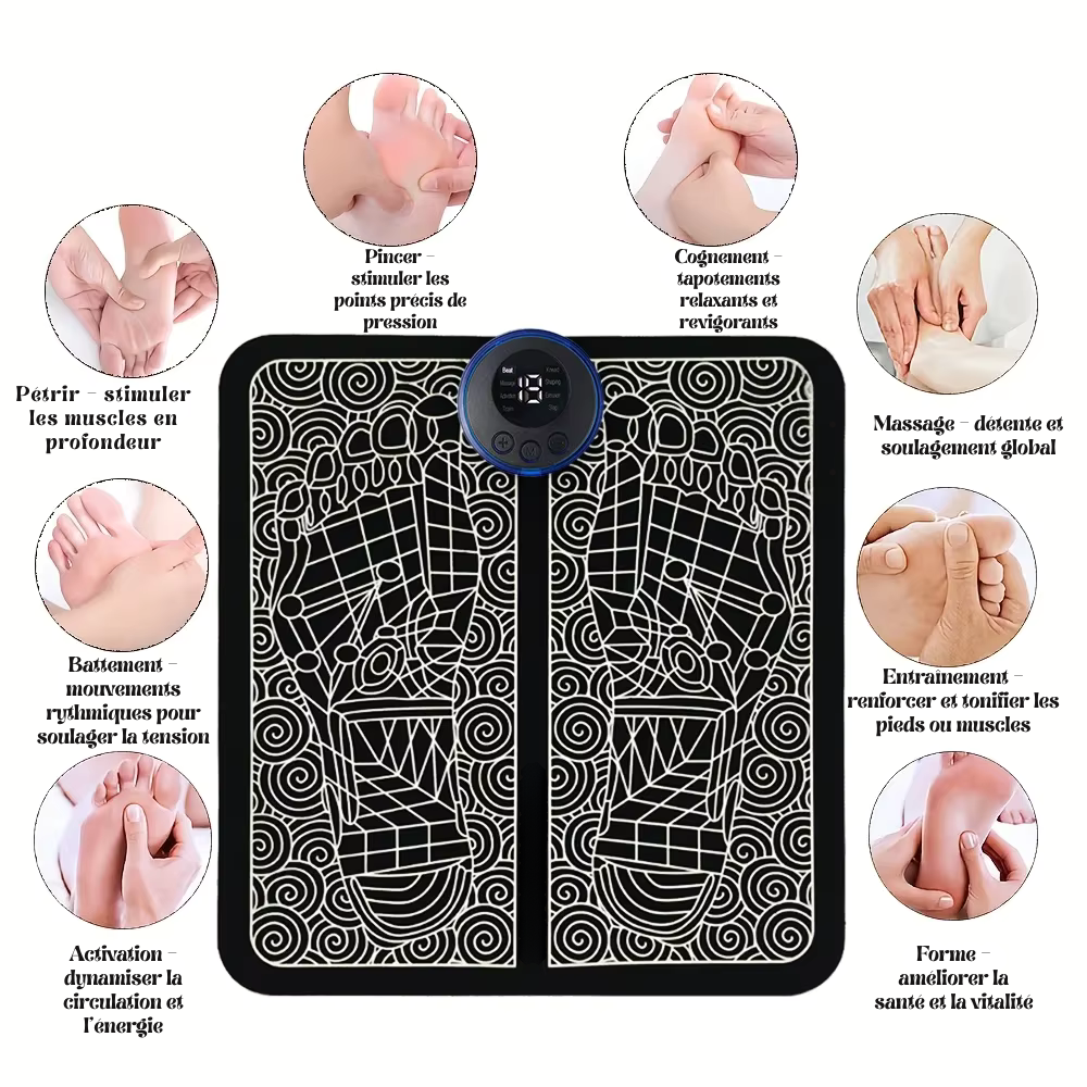 Tapis massage pieds électrique – Massage points d’acupression, circulation sanguine améliorée, 8 modes et 19 niveaux de relaxation