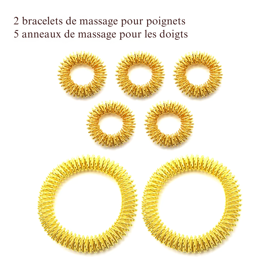 Bracelet d’acupression – Lot de 5 anneaux de massage pour doigts et 2 bracelets pour poignets