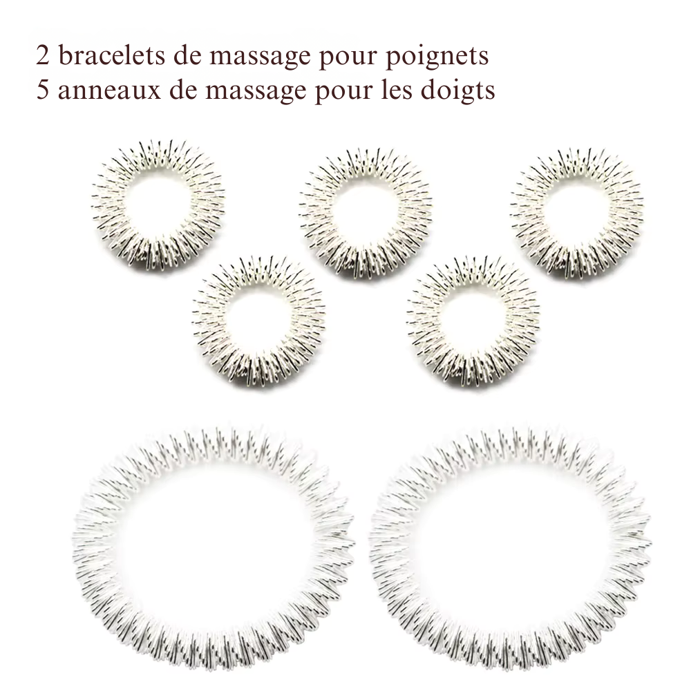Bracelet d’acupression – Lot de 5 anneaux de massage pour doigts et 2 bracelets pour poignets