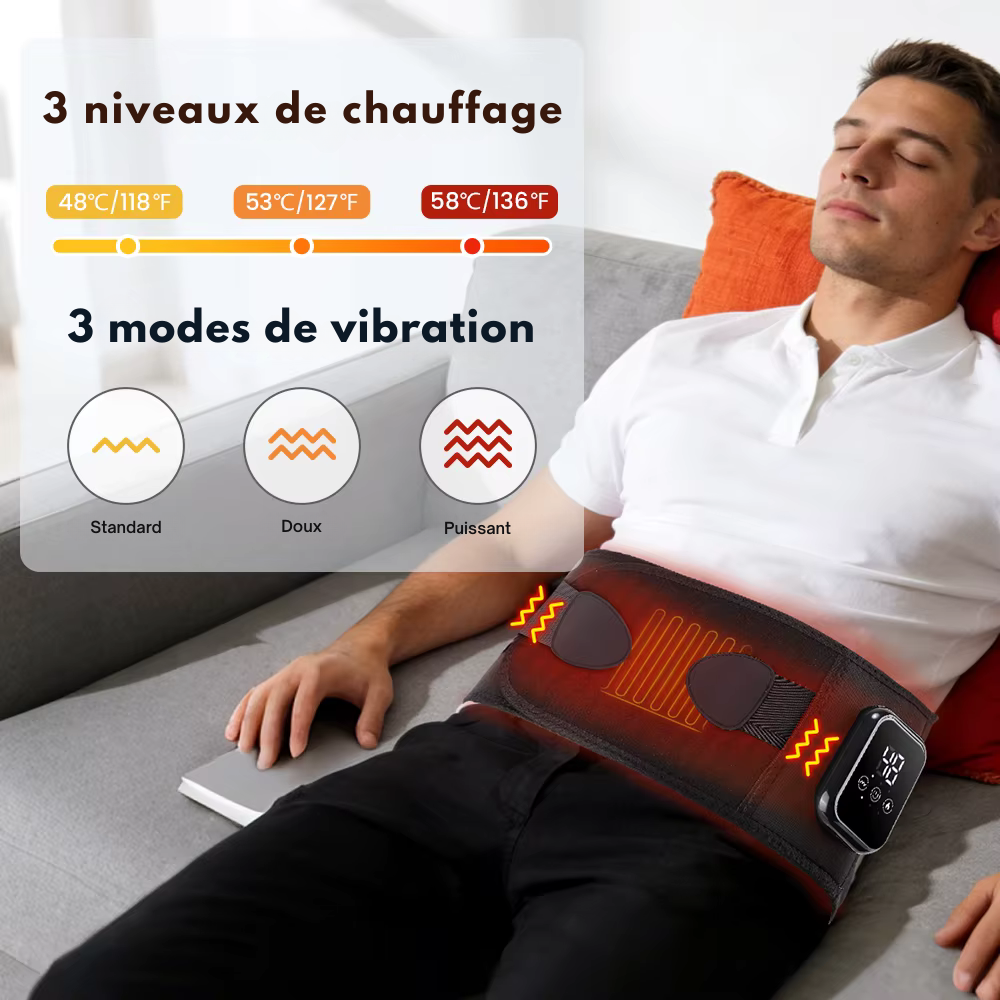 Ceinture chauffante lombaire – Ceinture de massage pour le dos avec 3 niveaux de chaleur et vibration, soutien lombaire et soulagement menstruel