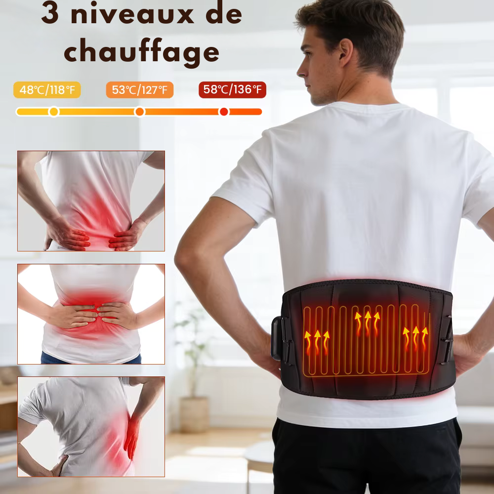 Ceinture chauffante lombaire – Ceinture de massage pour le dos avec 3 niveaux de chaleur et vibration, soutien lombaire et soulagement menstruel