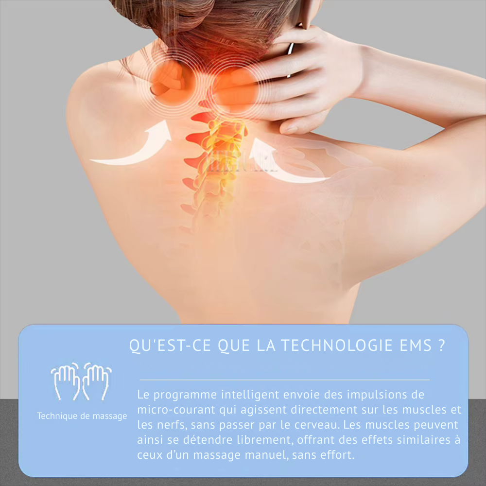 Appareil massage cervicales – Masseur de cou électrique EMS intelligent pour détente, soulagement douleur et massage musculaire TENS