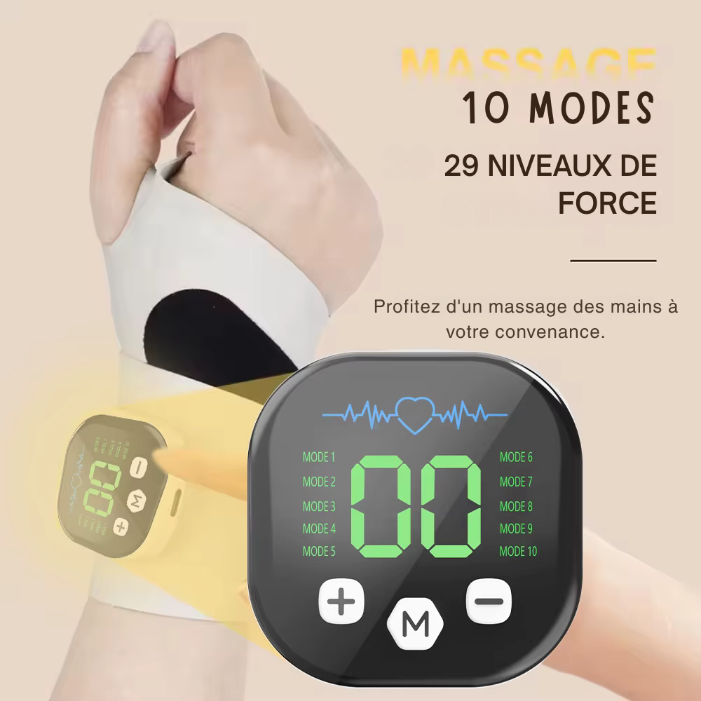 Masseur électrique main et poignet sans fil – 10 modes de vibration, 29 niveaux d’intensité