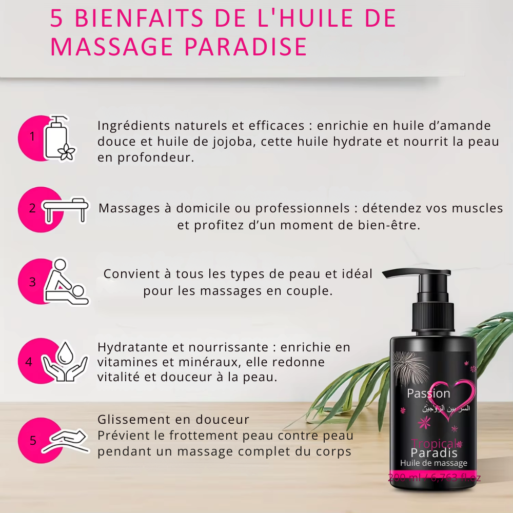 Huile de massage couple Paradise – vitamines, minéraux, nourrissante et non grasse