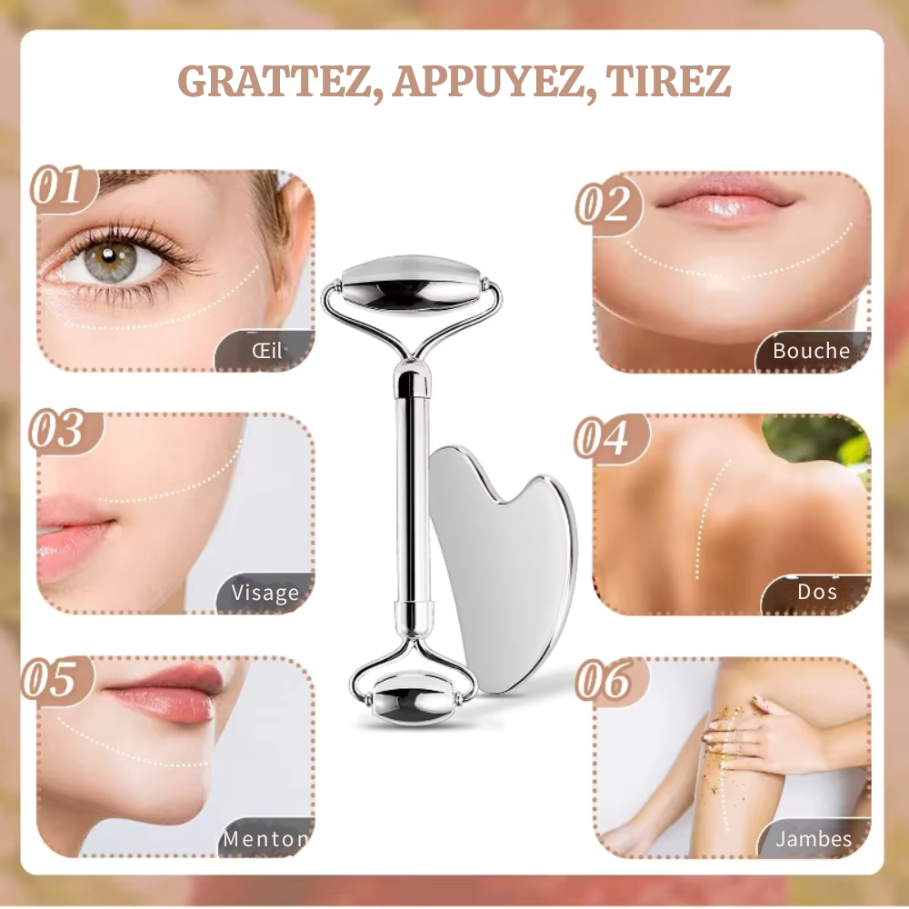 Rouleau Facial en Acier Inoxydable & Gua Sha – Traitement Visage, Corps, Détente et Pierre Massage Visage