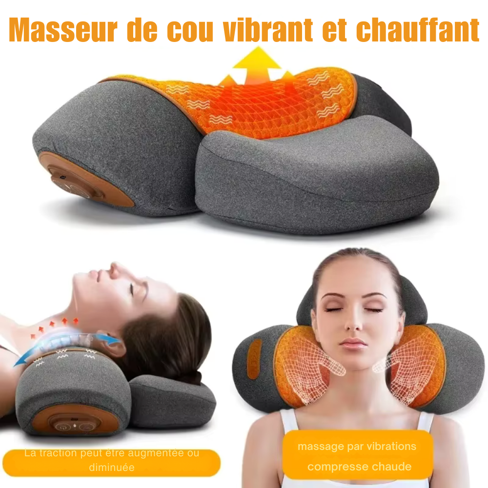Masseur électrique cervicales – Oreiller chauffant avec vibration, étirement du cou et traction dorsale