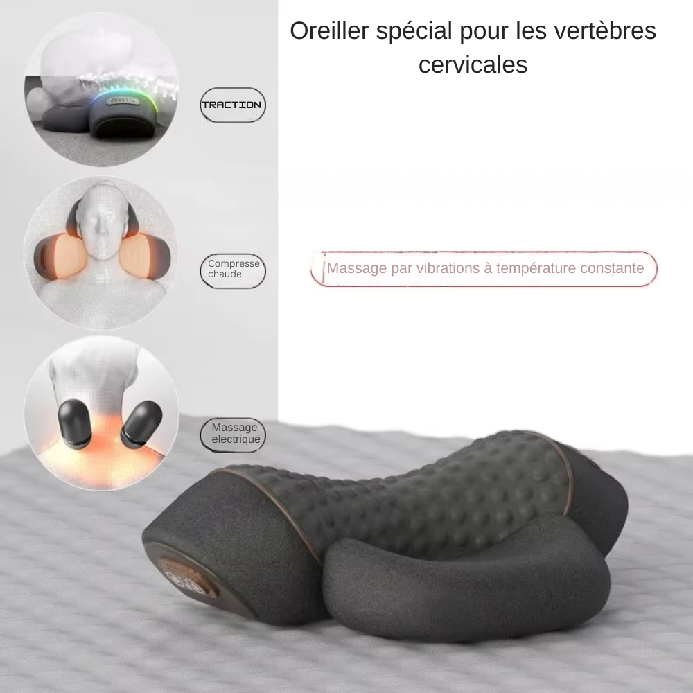Masseur électrique cervicales – Oreiller chauffant avec vibration, étirement du cou et traction dorsale