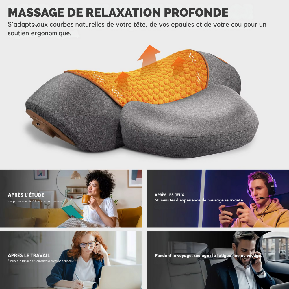 Masseur électrique cervicales – Oreiller chauffant avec vibration, étirement du cou et traction dorsale