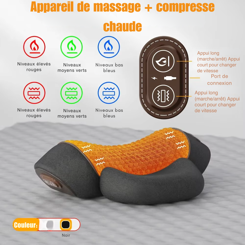 Masseur électrique cervicales – Oreiller chauffant avec vibration, étirement du cou et traction dorsale