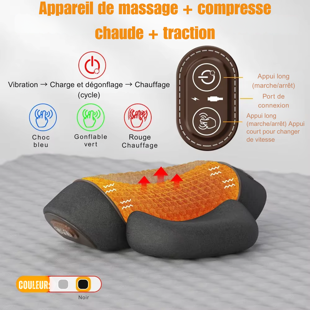 Masseur électrique cervicales – Oreiller chauffant avec vibration, étirement du cou et traction dorsale