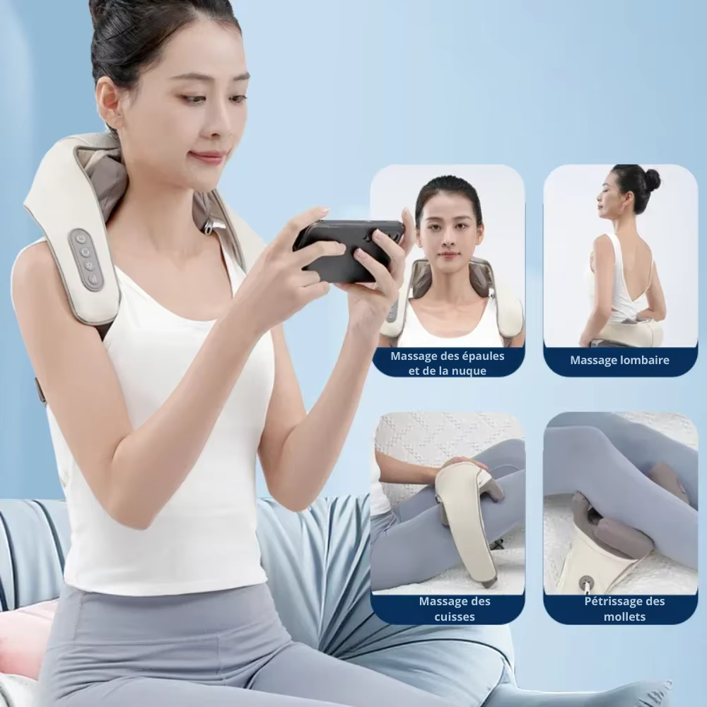 Écharpe de massage chauffante portable – Shiatsu cou et trapèzes, multifonction