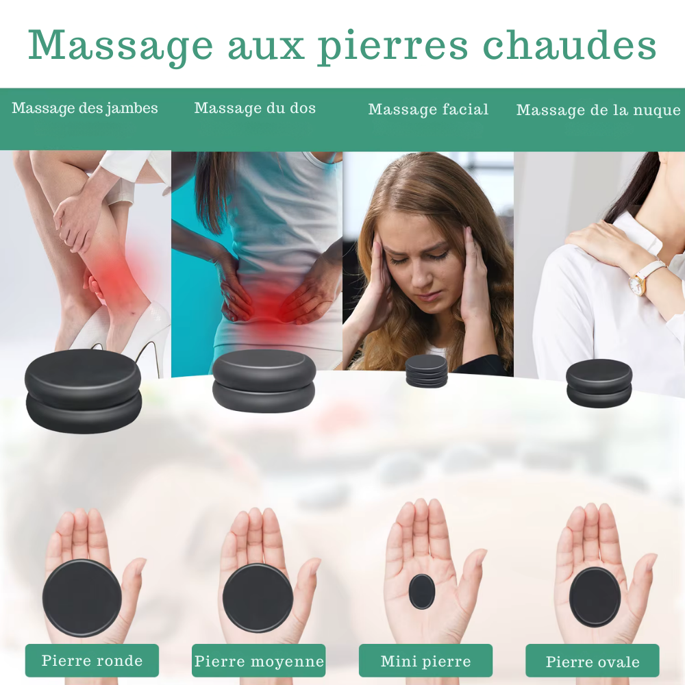 Pierre chaude massage – Set de 10 pierres noires pour massage aux pierres chaudes, relaxation corps et spa