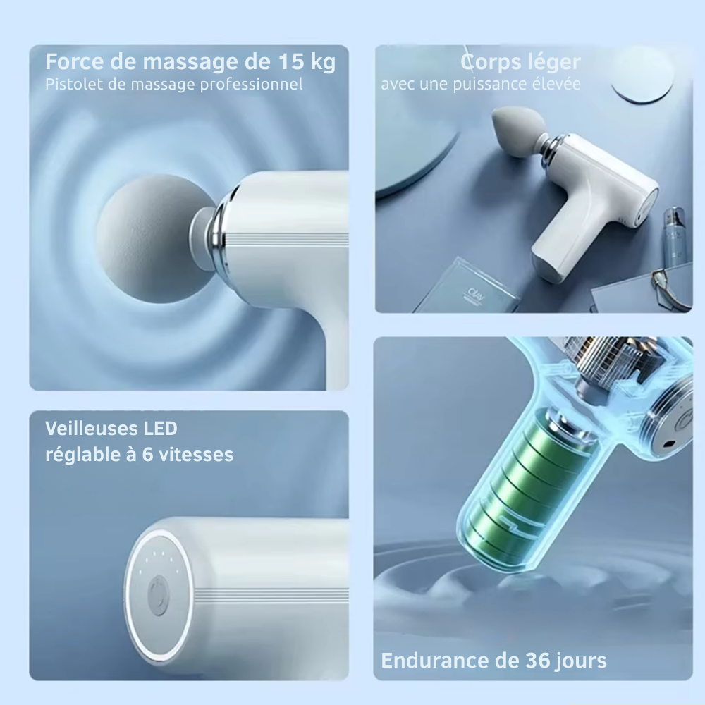 Pistolet masseur portable – Avec 4 têtes interchangeables et LED pour massage complet du corps