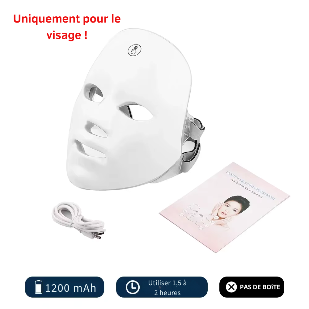 Masque facial LED 7 couleurs sans fil – Appareil de beauté pour raffermir et rajeunir la peau du visage et du cou