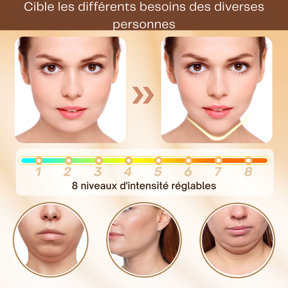 Appareil massage visage – Appareil V lifting électrique avec EMS, 6 modes et 8 niveaux pour raffermissement, double menton et soin facial