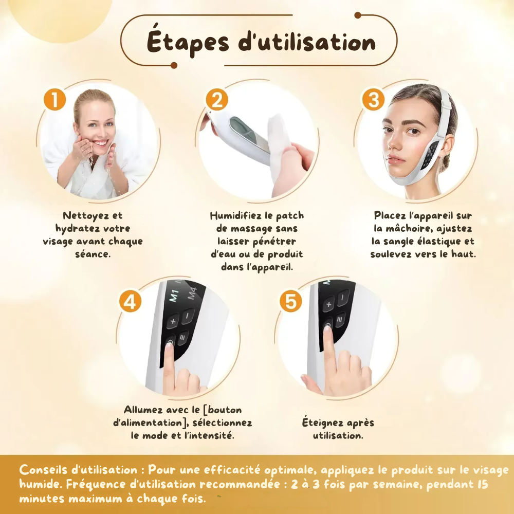 Appareil massage visage – Appareil V lifting électrique avec EMS, 6 modes et 8 niveaux pour raffermissement, double menton et soin facial