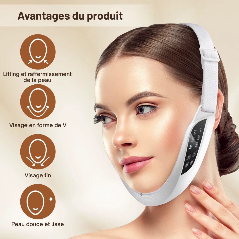 Appareil massage visage – Appareil V lifting électrique avec EMS, 6 modes et 8 niveaux pour raffermissement, double menton et soin facial