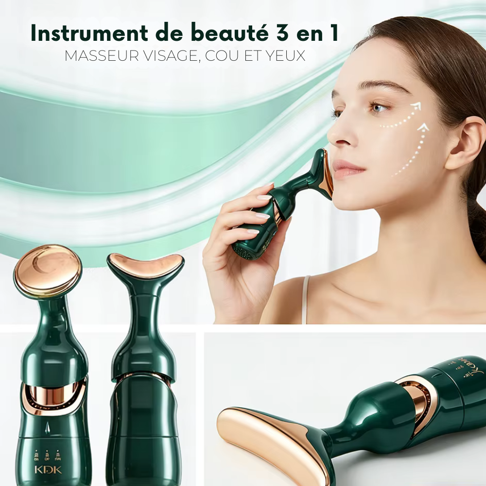 Appareil pour massage du visage 3-en-1 – EMS lifting, raffermissement, anti-rides, massage cou, yeux et visage