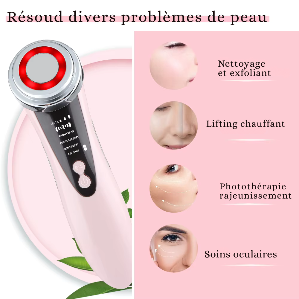 Appareil lifting visage EMS – Massage facial LED, vibration ionique pour raffermissement, lifting et anti-rides