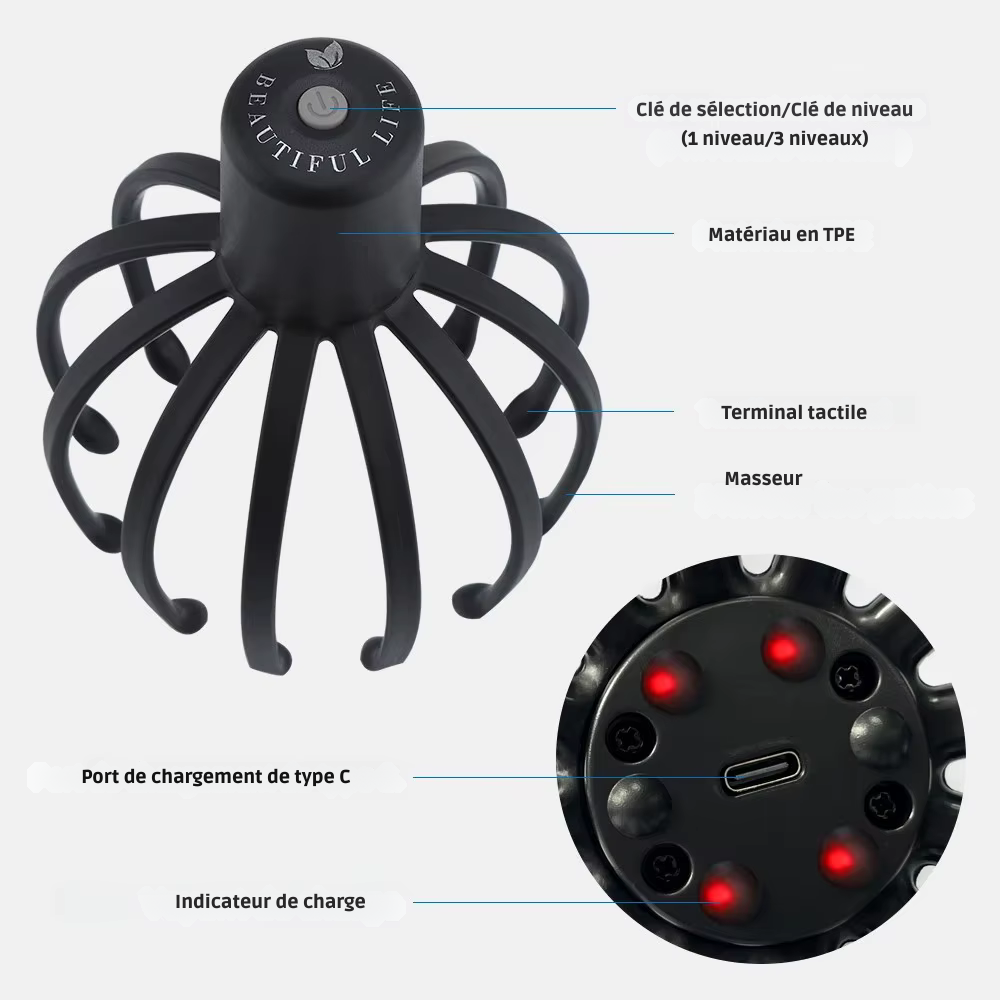 Masseur de tête électrique – Vibration musicale Bluetooth pour relaxation, stress et sommeil amélioré