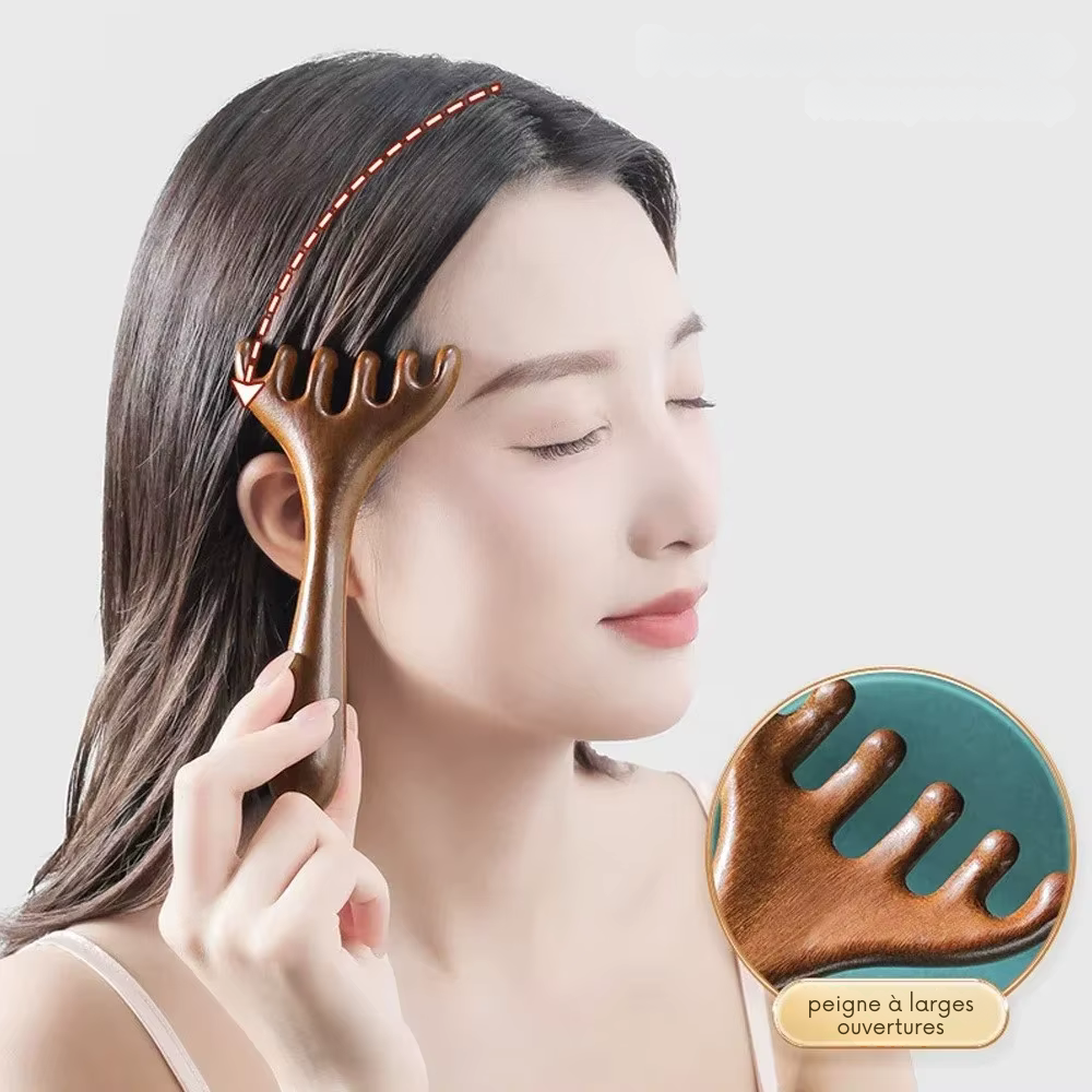 Brosse pour masser cuir chevelu en bois – Peigne de massage méridien antistatique à six griffes