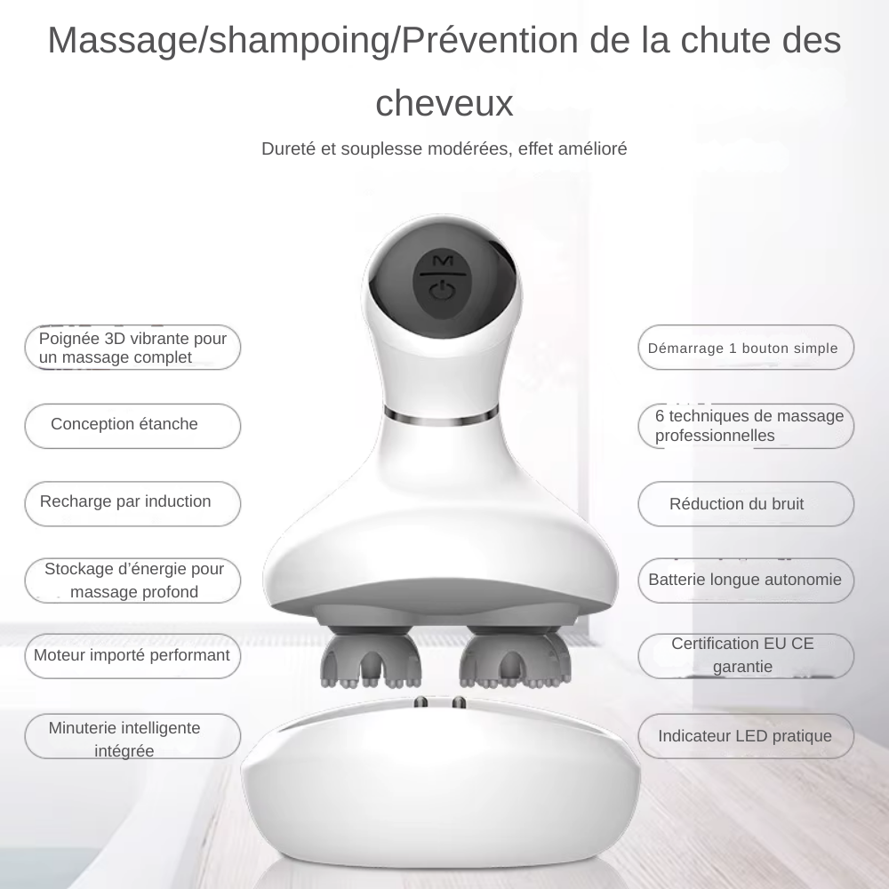Masseur cuir chevelu électrique – Pétrissage et vibration multifonction, étanche et portable