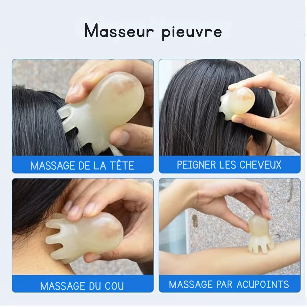 Brosse massage cheveux – Peigne méridien pieuvre à dents larges pour cuir chevelu, cou et dos, massage manuel profond