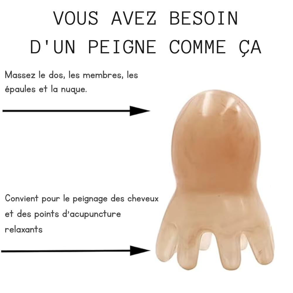 Brosse massage cheveux – Peigne méridien pieuvre à dents larges pour cuir chevelu, cou et dos, massage manuel profond