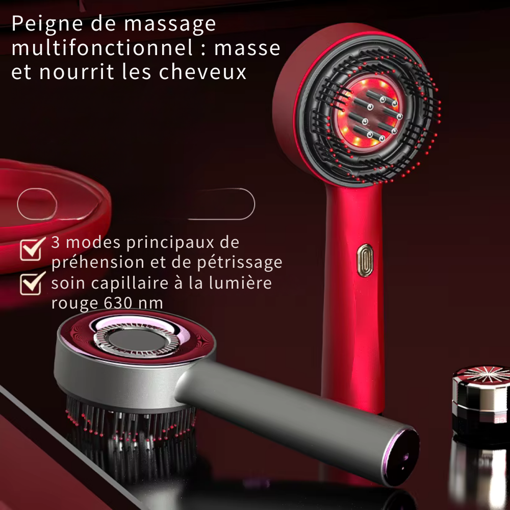 Brosse massage cuir chevelu électrique – Vibration, lumière rouge, croissance des cheveux et applicateur d’huile