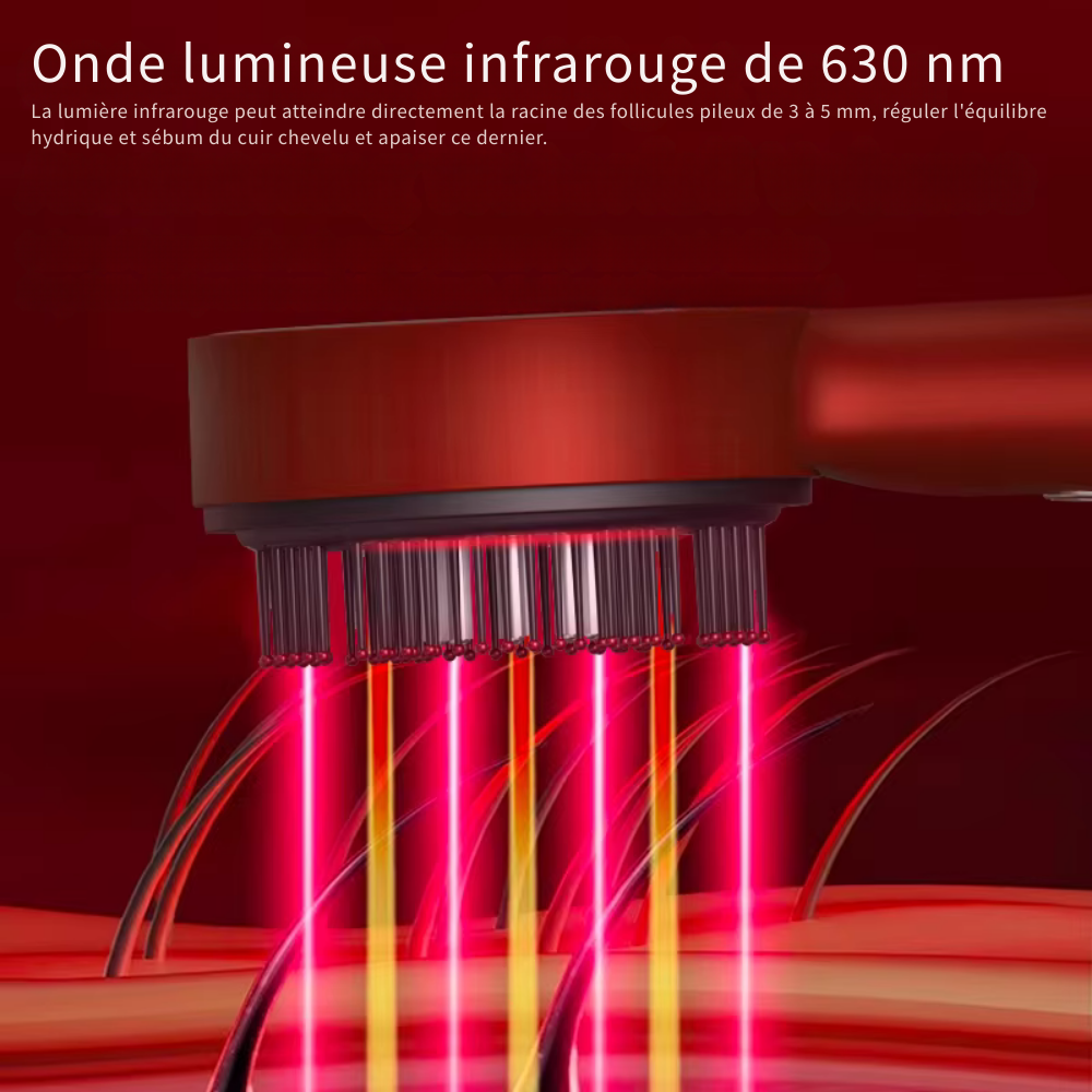Brosse massage cuir chevelu électrique – Vibration, lumière rouge, croissance des cheveux et applicateur d’huile