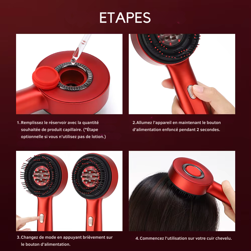 Brosse massage cuir chevelu électrique – Vibration, lumière rouge, croissance des cheveux et applicateur d’huile
