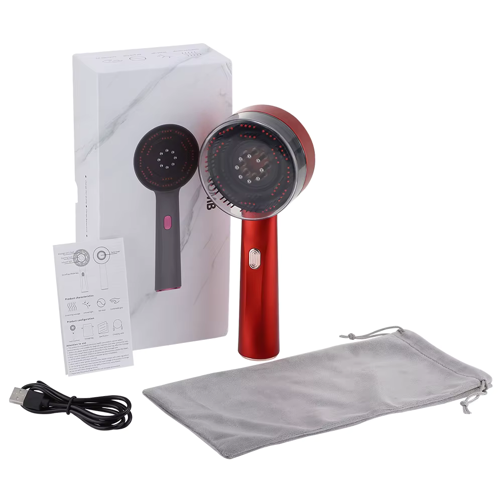 Brosse massage cuir chevelu électrique – Vibration, lumière rouge, croissance des cheveux et applicateur d’huile