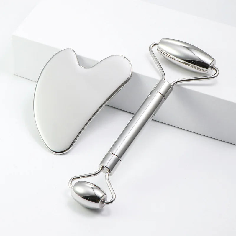 Rouleau Facial en Acier Inoxydable & Gua Sha – Traitement Visage, Corps, Détente et Pierre Massage Visage