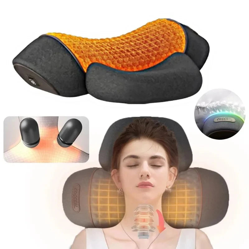 Masseur électrique cervicales – Oreiller chauffant avec vibration, étirement du cou et traction dorsale