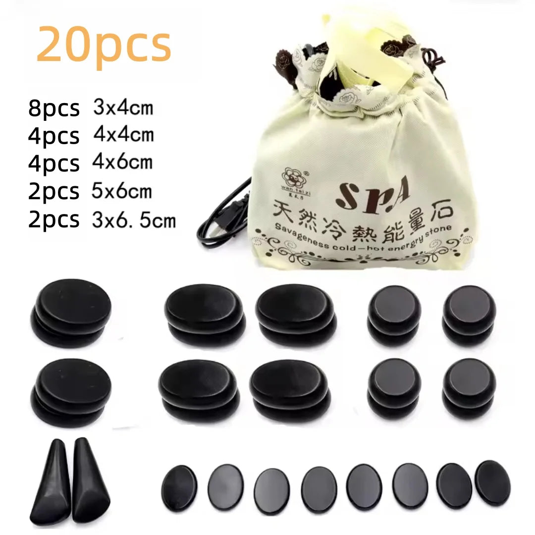 Pierres de massage – Set de 20 pierres volcaniques en basalte avec coffret chauffant