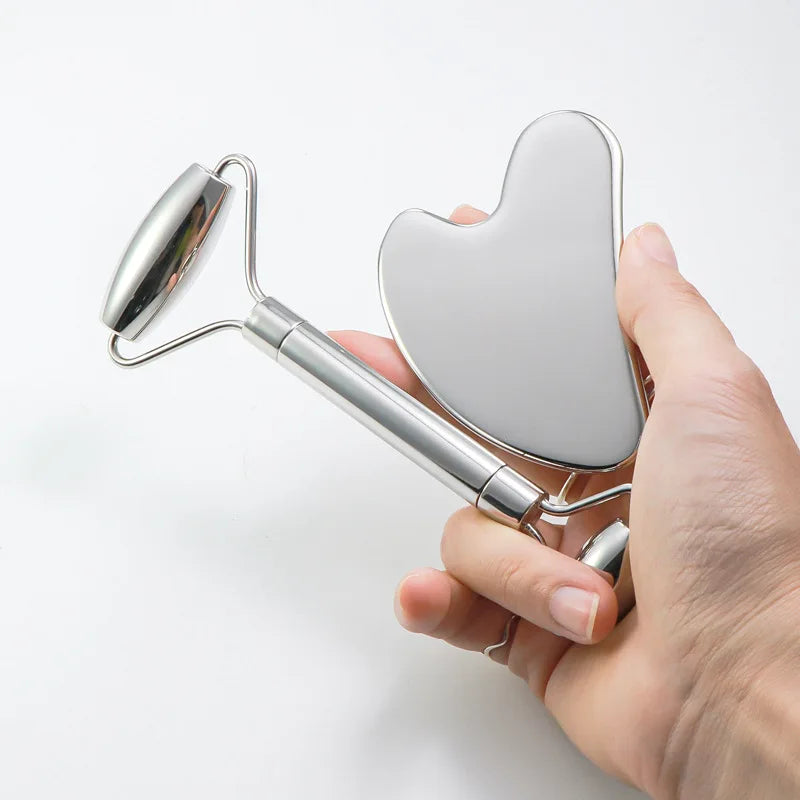 Rouleau Facial en Acier Inoxydable & Gua Sha – Traitement Visage, Corps, Détente et Pierre Massage Visage