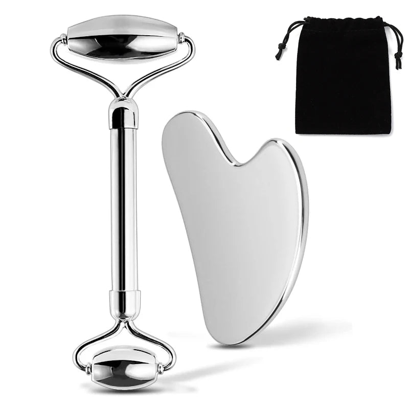 Rouleau Facial en Acier Inoxydable & Gua Sha – Traitement Visage, Corps, Détente et Pierre Massage Visage