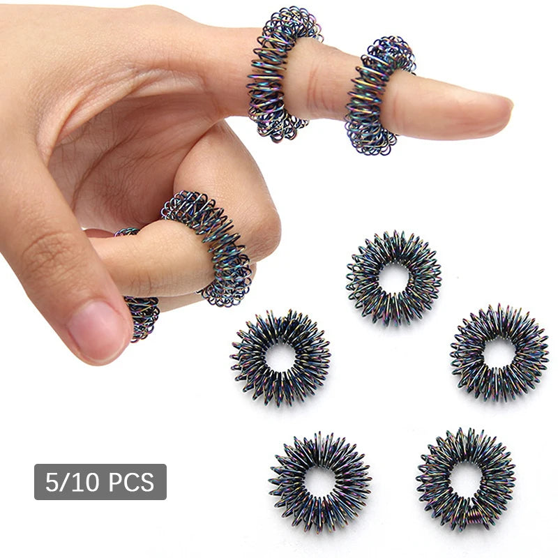 Bague d’acupression – Lot de 5 anneaux noirs et dorés pour massage des doigts, thérapie et relaxation des mains
